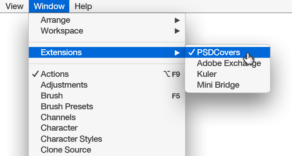 Open PSDCovers panel using the Photoshop Window Menu