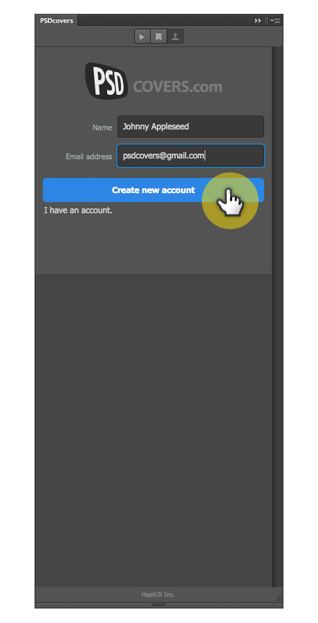psdcovers photoshop panel enter new account details