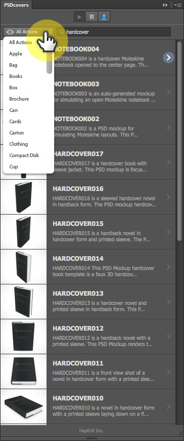 PSDCovers panel search filtering by category using the menu