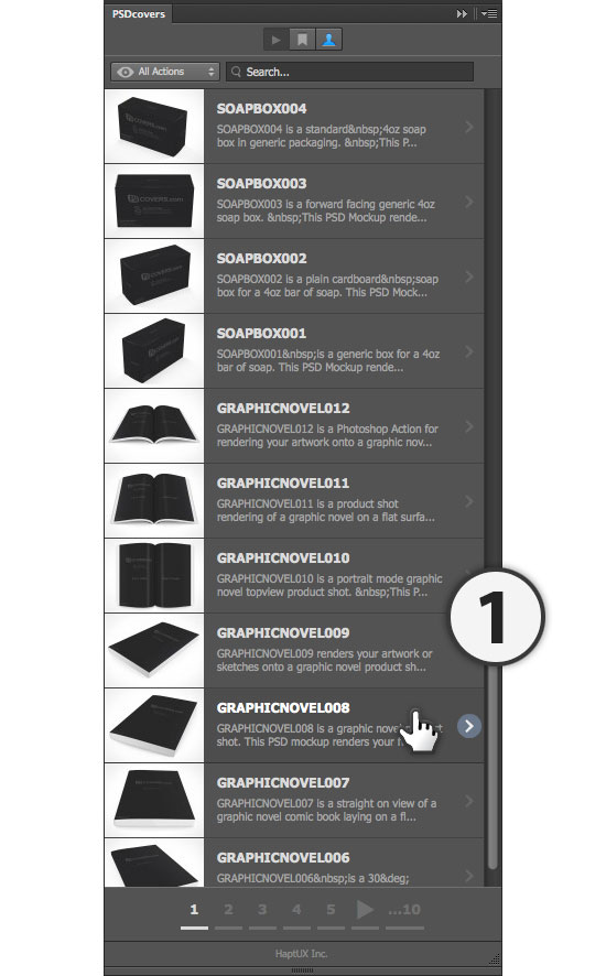 psdcovers panel hover over action in list