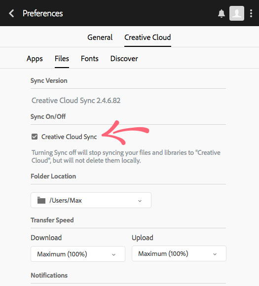enable creative cloud sync