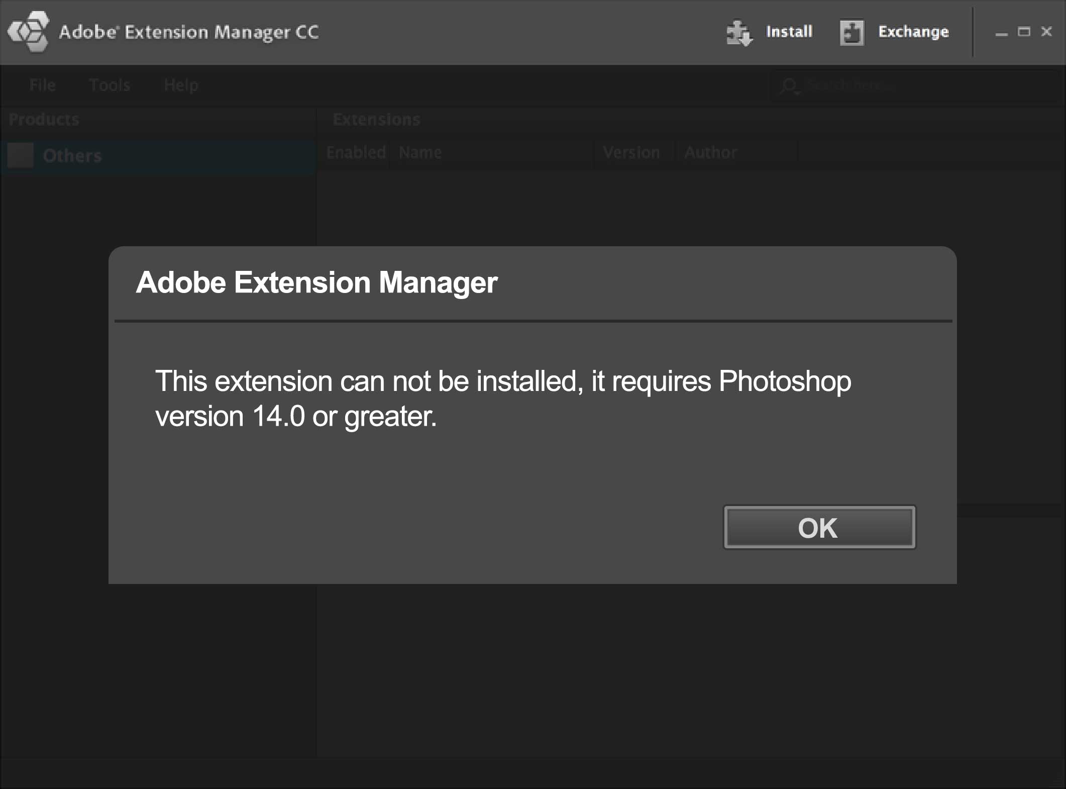 Extension Manager CC claims extension requires Photoshop 14 or greater