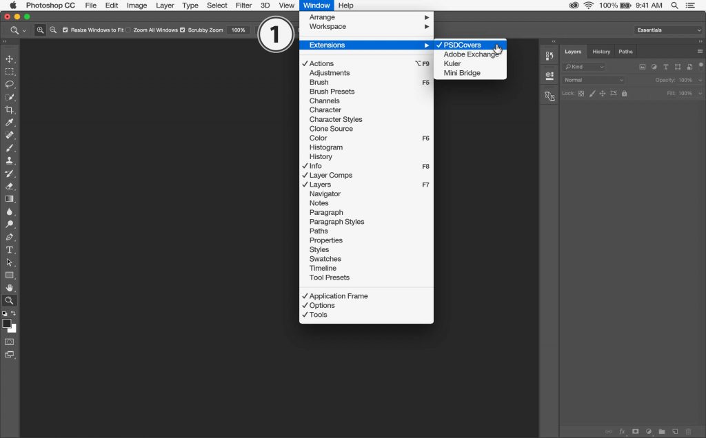 Select PSDCovers from the Photoshop Window > Extensions Menu